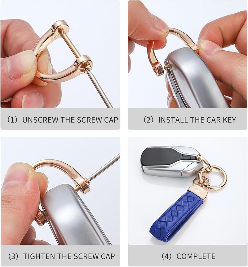 Hamdecro Store Genuine Leather Car Keychain, Handmade Knit Sheepskin Key chains for Women, Universal Key Fob Holder with 360 Degree Rotatable, Anti-Lost D-Ring, 2 Keyrings and 1 Screwdriver – Blue - Image 4
